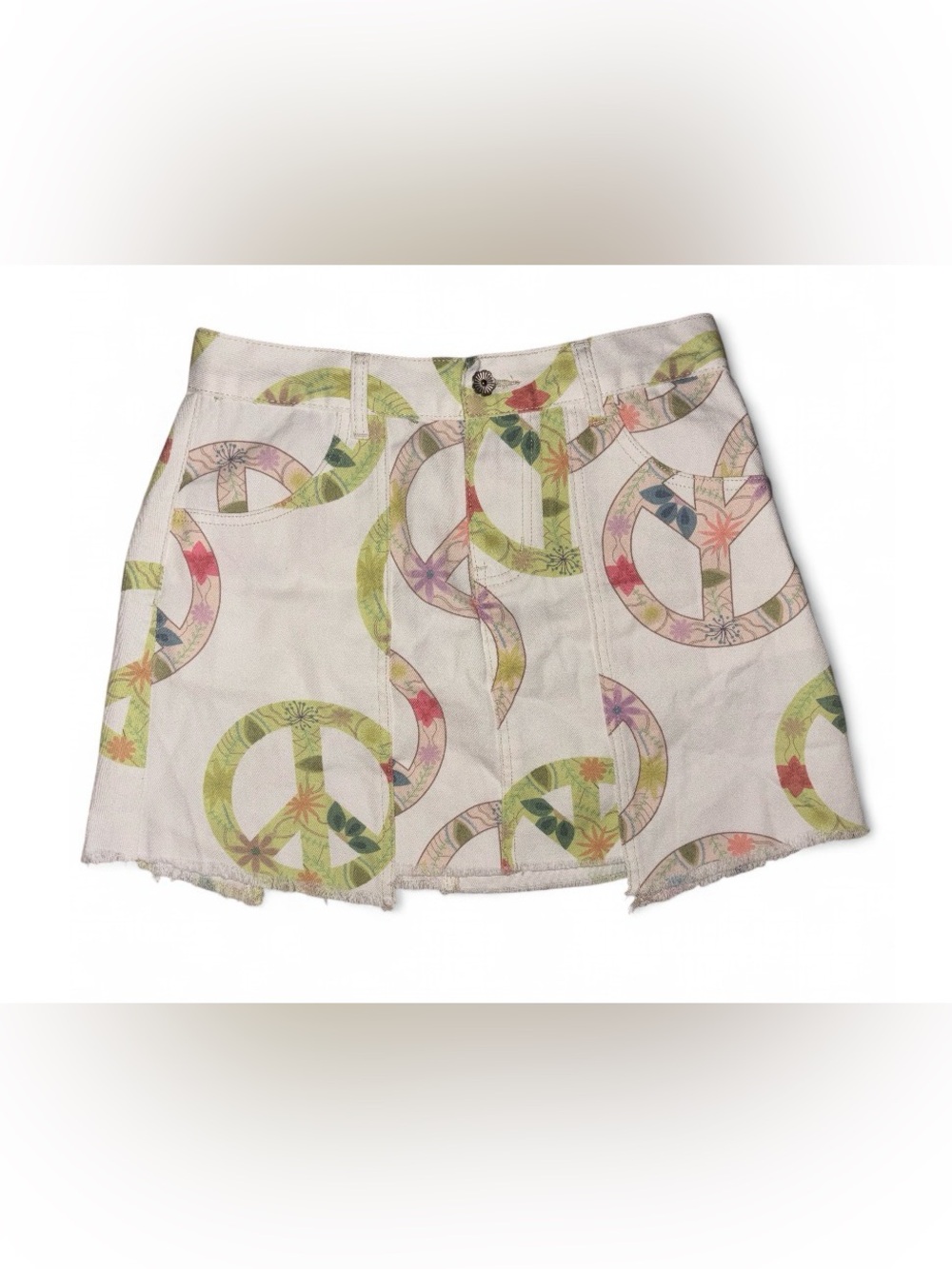 POL White Mini Skirt with Multicolor Floral Peace-Sign Print